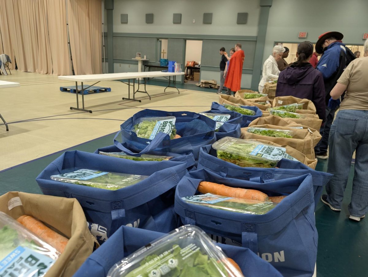 Volunteers at the Vineville United Methodist Church pack food for the senior brown bag program on March 19, 2026. About 10 intellectually disabled residents at Wesley Glen Ministries help pack once a month.