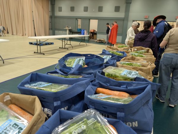 Volunteers at the Vineville United Methodist Church pack food for the senior brown bag program on March 19, 2026. About 10 intellectually disabled residents at Wesley Glen Ministries help pack once a month.