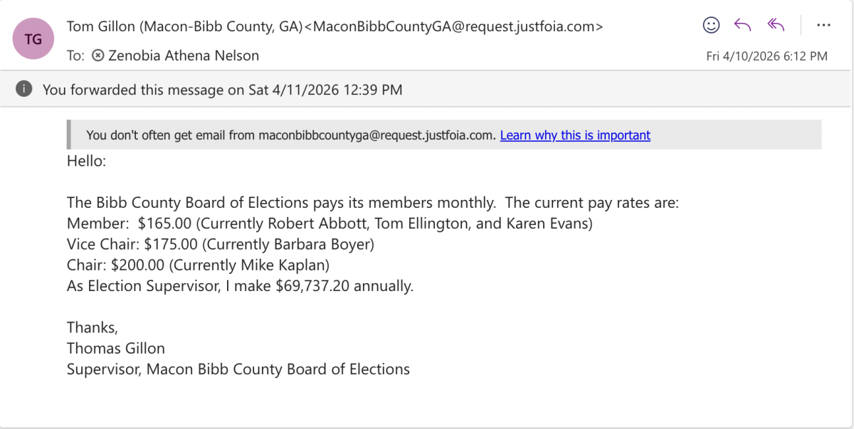 Tom Gillon's response to the open records request on the salaries of Macon-Bibb County Board of Elections members.