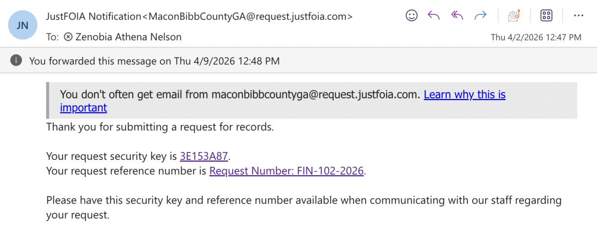 The security key received after submitting the open records request on Aug. 7, 2026