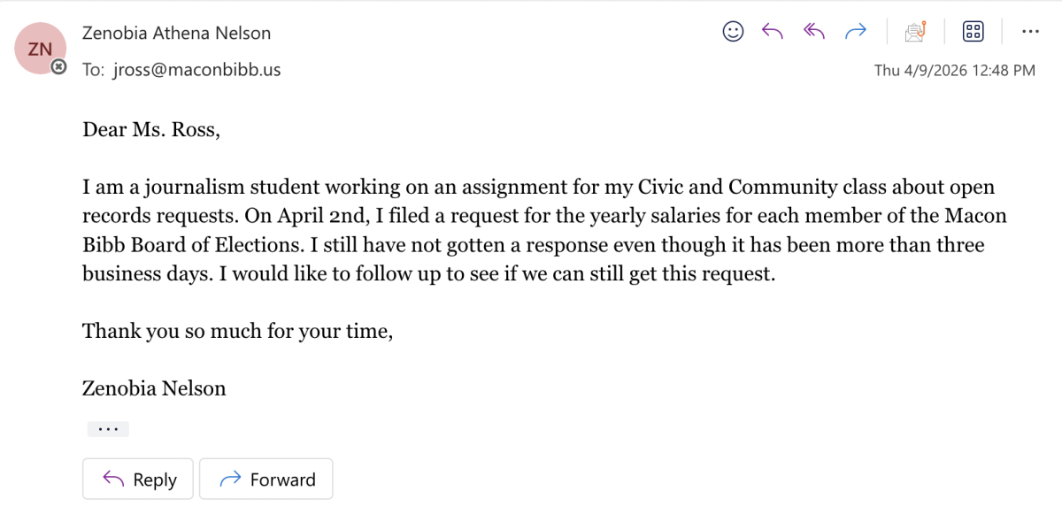 An email sent to Macon-Bibb's Clerk of Commission Janice Ross after not receiving the open records request response after three business days. 